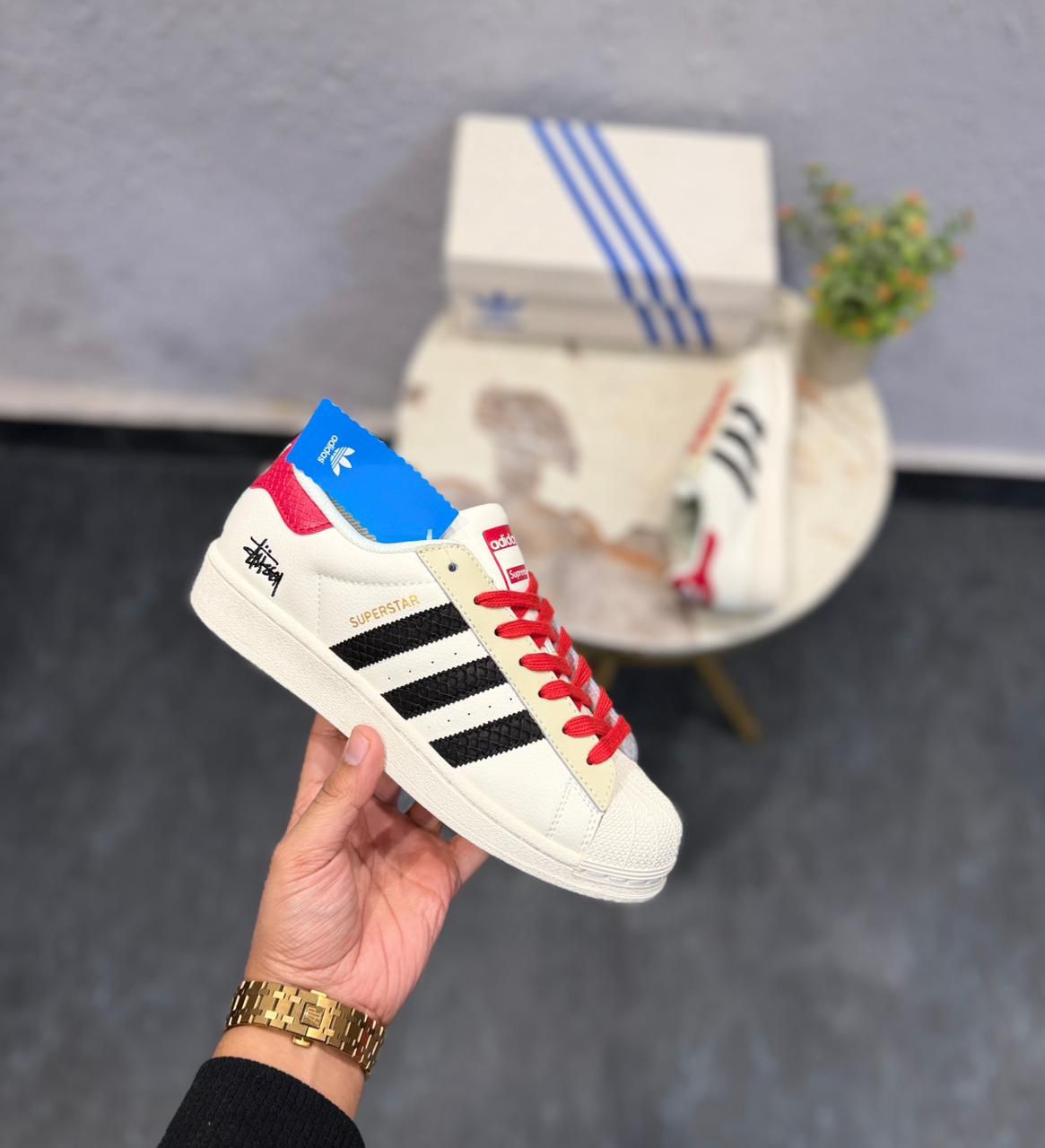 ADIDAS ORIGINAL SUPERSTAR WHITE BLACK RED STUSSY X SUPREME